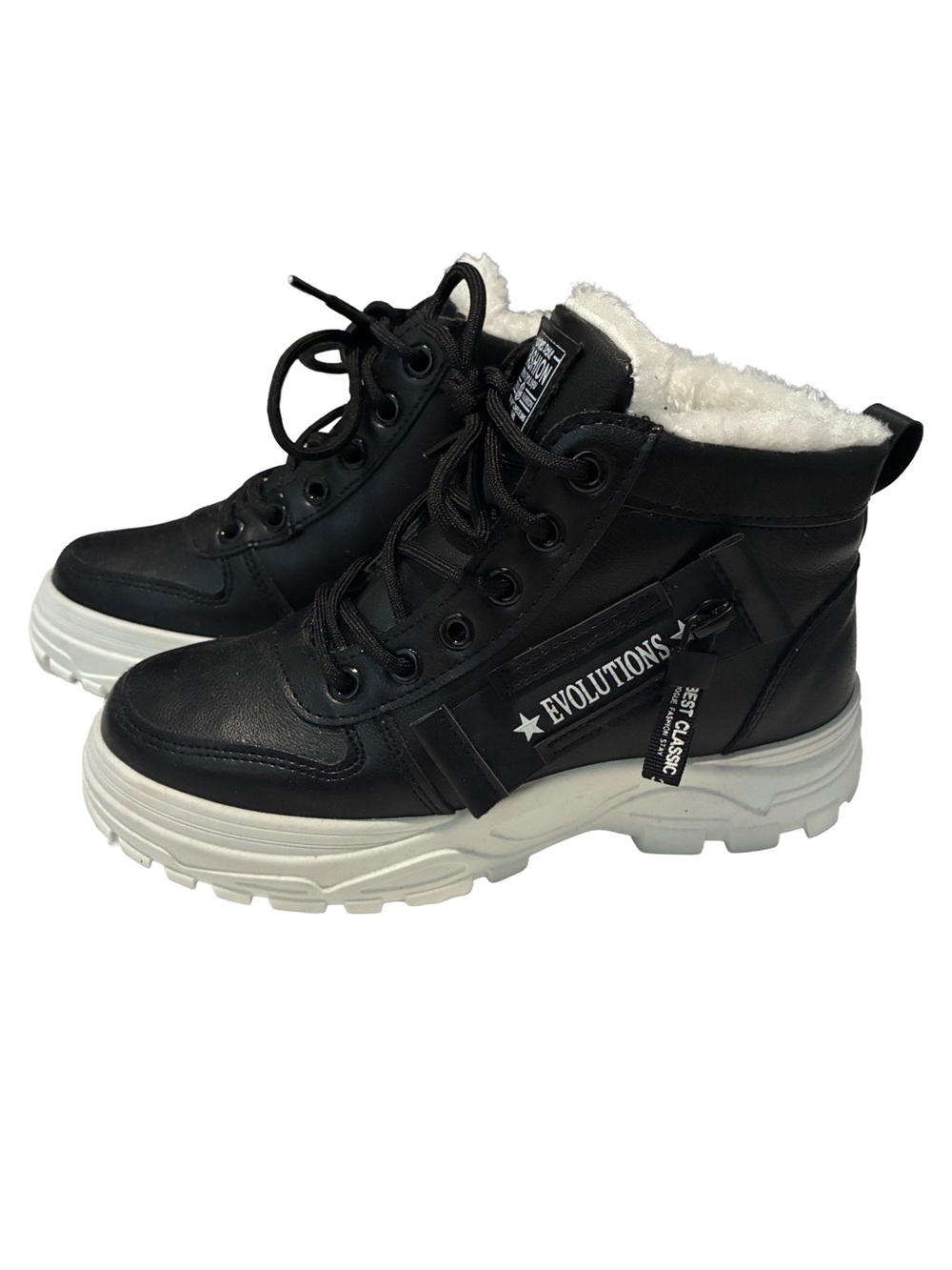 Black "EVOLUTIONS" Winter Boots with White Faux Fur Lining Size 5.5